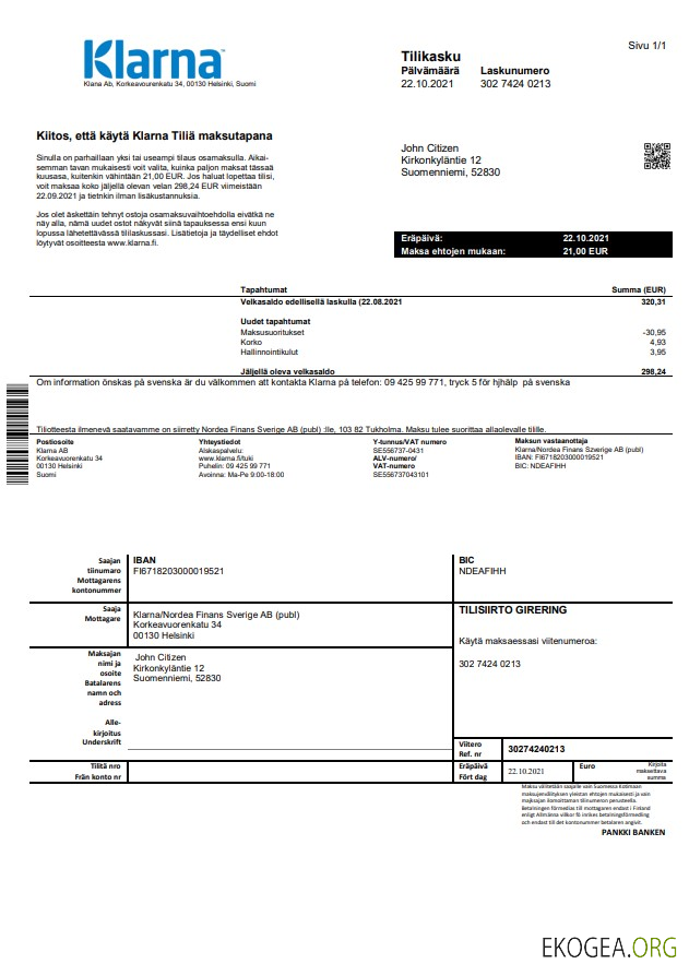 Finlande Klarna Bank St